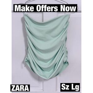 Zara Light Mint Green Strapless Draped Top Rushed Sides Sz Lg